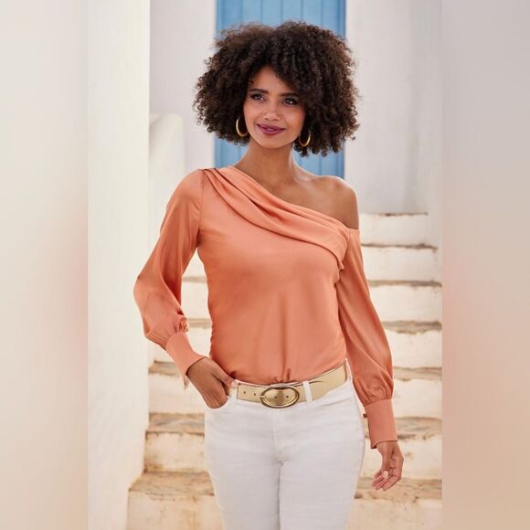 Boston Proper Amelia Shoulder Skimming Charmeuse Blouse in Peach Size 18 NEW - Picture 1 of 11
